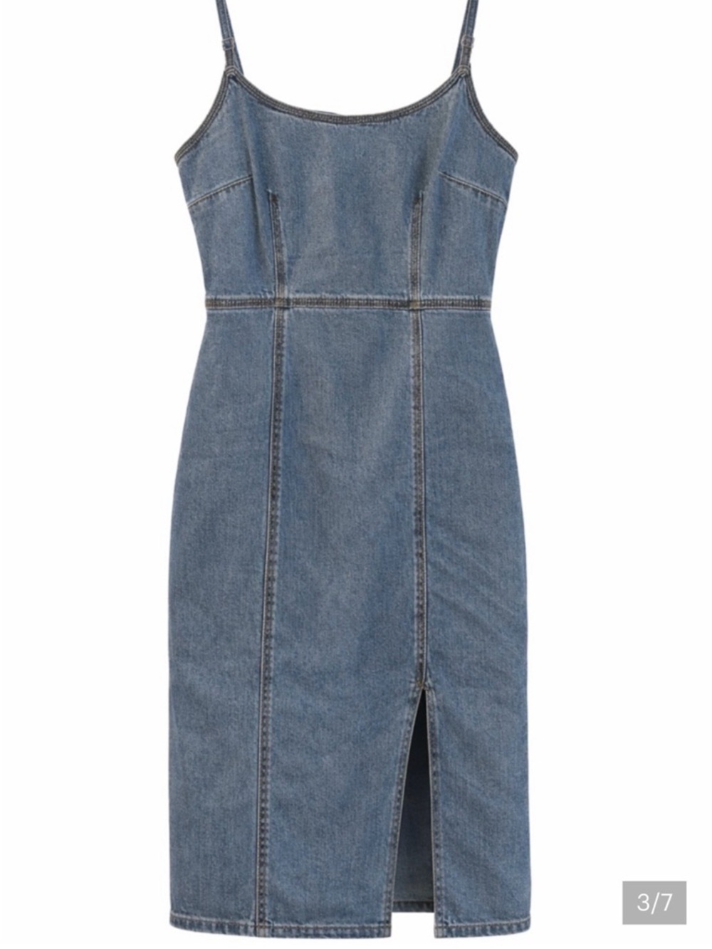 Denim Midi Dress Front Slit Fitted Blue Jean Dress | Casual to Night Out - Picture 3 of 7